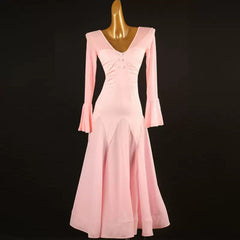Customisable-Women's Pink V-neck Long Sleeve DanceWear Ballroom Dance Dress
