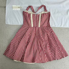 Neck-wrap color-block checked dress