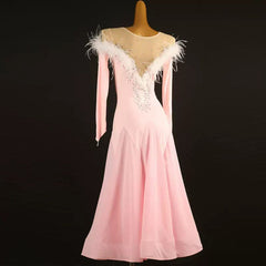 Customisable-Women's Pink Round Neck Long Sleeve DanceWear Ballroom Dance Dress