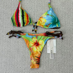 Tropical flower print beaded strapless bikini