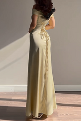 Ruched Off Shoulder Back Lace Up Cinch Waist Plain Gowns Maxi Dresses-Yellow