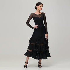 Customisable-Women's Round Neck Long Sleeve WaltModern Ballroom Dance Dress Competition Dresses