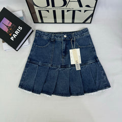 Lace trim pleated denim half-length skirt