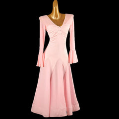 Customisable-Women's Pink V-neck Long Sleeve DanceWear Ballroom Dance Dress