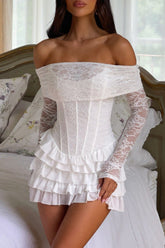 Jacquard Lace Off Shoulder Corset Tiered Ruffled Mini Dresses White