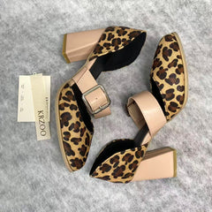 Leopard-print belt buckle shoes