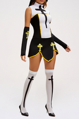 Cross Pattern High Neck Sleeveless Halloween Colorblock Mini Dresses-White