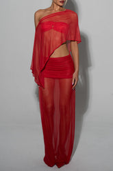 Off Shoulder Irregular Top Fitted See Through Maxi Skirt Set-Red Pre Order