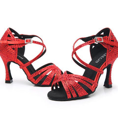 Women's Red Customized Heel Open Toe Strappy Dance Shoes with Crystals