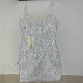 Deep V silhouette fringed halter dress with sequins