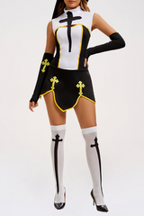 Cross Pattern High Neck Sleeveless Halloween Colorblock Mini Dresses-White