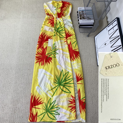 A strapless floral-printed halter dress