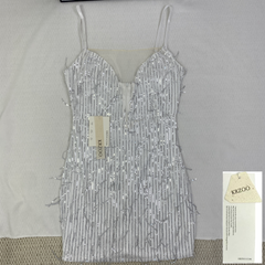 Deep V silhouette fringed halter dress with sequins