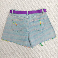 Striped holey denim shorts