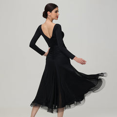 Customisable-Women's V Neck Long Sleeve WaltModern Ballroom Dance Dress Competition Dresses