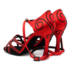Women's Red Customized Heel Open Toe Strappy Latin Dance Shoes with Crystals