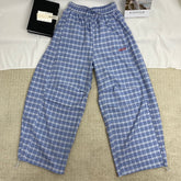 Retro Blue Curved-Leg Plaid Trousers