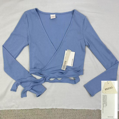 Solid-color V-neck strap long-sleeved top