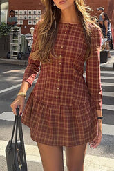 Plaid Print Round Neck Long Sleeve Button Up Cinch Waist Mini Dresses-Red