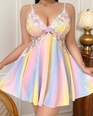 Plus Size Rainbow Ombre Camisole Nightgown �Backless & Floral Mesh Design