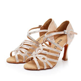 Women's Pink Satin Customized Heel Ballroom Rhinestones Strappy Dance Shoes