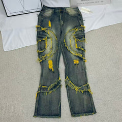Distressed Flared Fringed Stretch Jeans