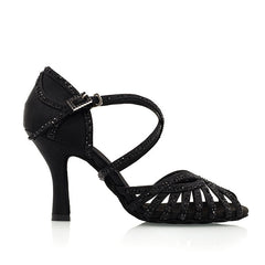 Women's Black Satin & Rhinestones Sandal Customized Heel Dance Shoes