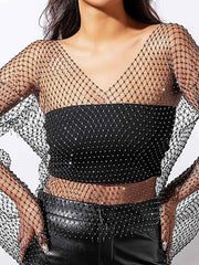 V-Neck Long Sleeve Sheer Short Rhinestone Mesh Shirt