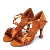 Women's Brown Satin Customized Heel Ballroom Latin Dance Shoes