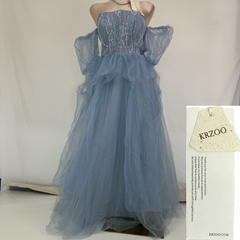 Smog Blue One-Shoulder Flowing Net Silk Evening Gown