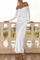 Off Shoulder Lace Patchwork Long Sleeve Ruched Slim Fit Maxi Dresses-White