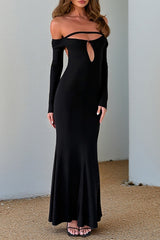 Cutout Off Shoulder Long Sleeve Backless Fitted Fishtail Maxi Dresses-Black