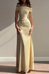 Ruched Off Shoulder Back Lace Up Cinch Waist Plain Gowns Maxi Dresses-Yellow