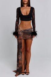 Feather Cuff Crop Top Print Asymmetric Maxi Skirt 2pcs Set-Black Pre Order