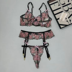 Pink embroidered bow bra