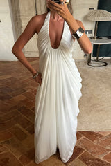 Deep V Neck Halter Ruched Solid Color Maxi Dresses-White