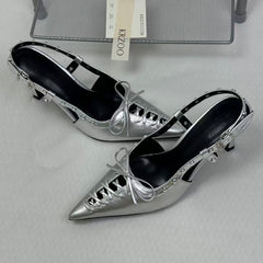 Low-cut hollowed-out lace-up low-heeled shoes