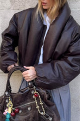 Turndown Collar Long Sleeve Solid Color Faux Leather Crop Padded Coat-Brown