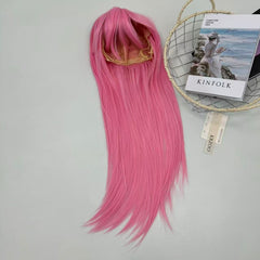 Pink long hair air-pressed fringe wig headgear
