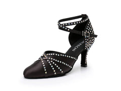 Women's Balck Satin Customized Heel Ballroom Dance Shoes