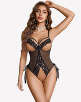 Lace Teddy Cut Out Mini Bodysuit with Lace-up Back