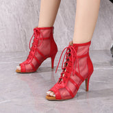 Women's Red Customized Dance Heels Rubber Sole Peep Toe Lace-up JazShoes Dance Boots