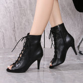 Women's Black Customized Dance Heels Rubber Sole Peep Toe Lace-up JazShoes Dance Boots