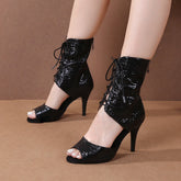 Women's Black Customized Dance Heels Rubber Sole Peep Toe Lace-up JazShoes Dance Boots