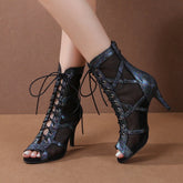 Women's Black Customized Dance Heels Rubber Sole Peep Toe Lace-up JazShoes Dance Boots