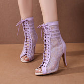 Women's Purple Customized Dance Heels Rubber Sole Peep Toe Lace-up JazShoes Dance Boots