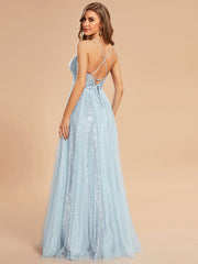 Custom Size Sparkly Spaghetti Strap A-Line Back Lace-Up Prom Dress with Tulle