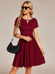 Rhinestone Neckline Short Sleeves A-Line Mini Summer Casual Dresses