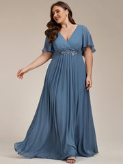 Plus Size Floral Applique Short Sleeve A-Line Chiffon Evening Dress