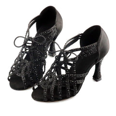 Women's Satin Black Rhinestone Customized Heel Heels Dance Boots Salsa Dance Shoes